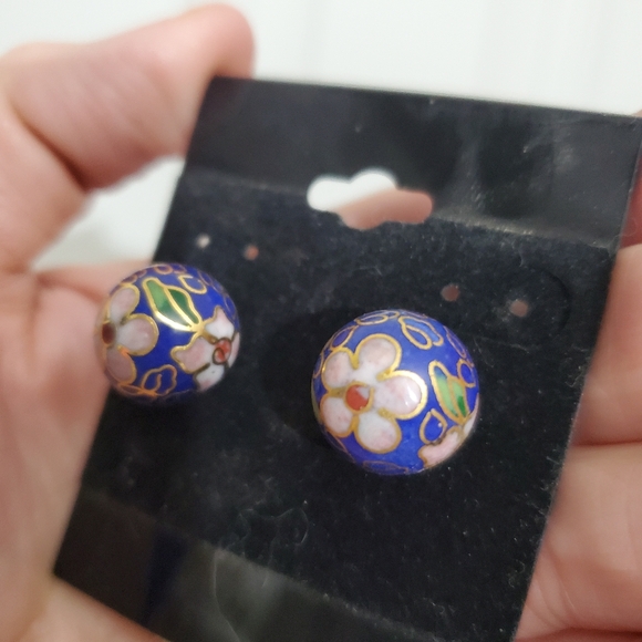 New VTG Cloisonne cobalt blue, gold & pink Floral Design Ball Pierced Earrings - Picture 4 of 5